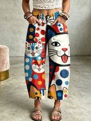 Damenhose mit Tierkatzen-Kunstdruck und Taschen