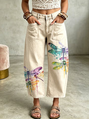 Damenhose mit Tier-Libellen-Kunstdruck und Taschen