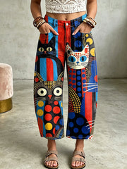 Damenhose mit Tierkatzen-Kunstdruck und Taschen