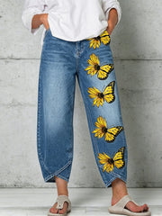 Damen-Hose mit Tier- und Schmetterlings-Art-Print