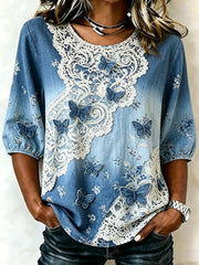 Damen-T-Shirt mit Tier- und Schmetterlingsmuster und Dreiviertelärmeln