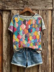 Damen-Vintage-T-Shirt mit farbenfrohem Fisch-Textur‑Art‑Print und kurzen Ärmeln
