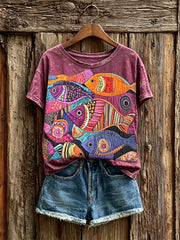 Damen-Vintage-T-Shirt mit farbenfrohem Fisch-Boho-Kunstdruck und kurzen Ärmeln