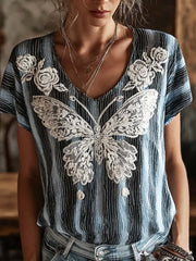 Damen-T-Shirt aus Leinen mit gestreiftem Color-Blocking‑Design, Schmetterlings‑ und Blumenmuster sowie kurzen Ärmeln