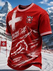 Herren-T-Shirt mit Alpinskifahren-Motiv, Waffelstruktur und kurzen Ärmeln