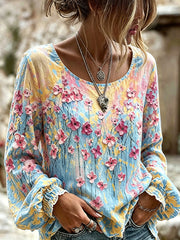 Damen Vintage Blumen ölgemälde Kunstdruck Baumwoll-Leinen hemd