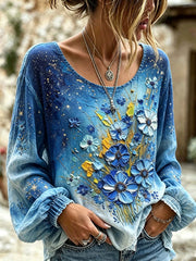 Damen-Hemd aus Baumwolle-Leinen mit Blumenmuster-Print