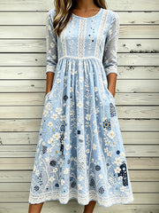 Damen Edles Spitzen kleid Fleral Kunstdruck aus Baumwolle Leinen