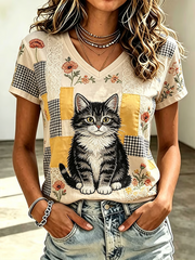 Damen-T-Shirt mit niedlichem Katzenmuster und kurzen Ärmeln