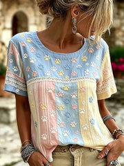 Damen-Sweatshirt aus Leinen mit süßen Katzenpfoten, Color-Blocking und Patchwork-Print, kurze Ärmel