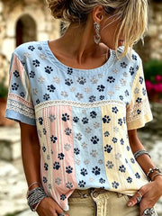 Damen-Sweatshirt aus Leinen mit süßen Katzenpfoten, Color-Blocking und Patchwork-Print, kurze Ärmel