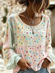 Damenhemd aus Baumwolle-Leinen mit niedlichem Katzenpfoten-Colorblock und Patchwork-Print