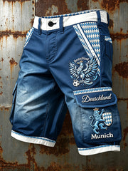 Herren-Shorts in Blau mit deutschem bayerischem Patchwork-Print, lässig für die Arbeit