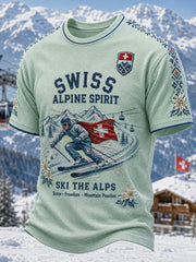 Herren-T-Shirt mit Skimotiv-Druck und Waffelstruktur, kurzärmelig