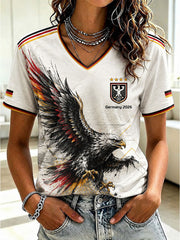 Damen-T-Shirt mit V-Ausschnitt und Fußball-Print, Deutschland