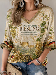 Damen-T-Shirt mit Riesling-Weinberg-Print und mittellangen Ärmeln