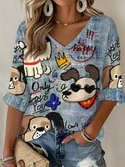 Damen-Hunde-Kunstdruck-Lässiges T-Shirt