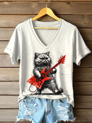 Damen Rock Cat bedrucktes lässiges T-Shirt