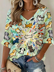 Damen-T-Shirt mit Kunstprint von Hunden und Katzen, lässig