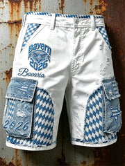 Herren-Shorts im deutschen Fußball‑Stil, bayerisch inspiriert, aus Denim‑Patchwork, lässig und für die Arbeit geeignet