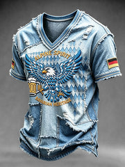 Herren-T-Shirt im Jeansstil mit Patchwork-Print und V-Ausschnitt, lässig, deutsche Fußball-Eagles