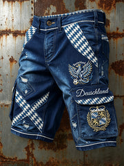 Herren-Shorts in Marineblau im deutschen Fußball‑ und bayerischen Rautenmuster, lässig für die Arbeit