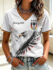 Damen-T-Shirt mit V-Ausschnitt und Fußball-Print, Deutschland