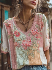 Damen-T-Shirt aus Baumwolle und Leinen mit retro-motiviertem, rosa Blumenmuster