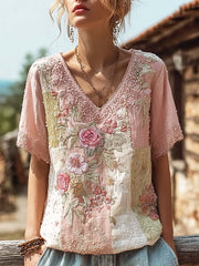 Damen-T-Shirt aus Baumwolle und Leinen mit retro-motiviertem, rosa Blumenmuster