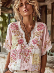 Damen-T-Shirt aus Baumwolle und Leinen mit retro-motiviertem, rosa Blumenmuster