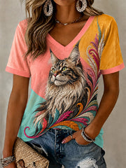 Damen Künstlerisches Katzen muster lässiges T-Shirt mit V-Ausschnitt