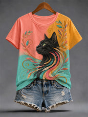 Damen-Alltags-T-Shirt mit Kunstkatzen-Print