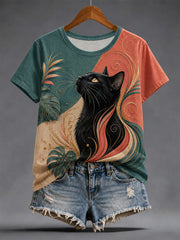 Damen-Alltags-T-Shirt mit Kunstkatzen-Print