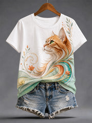 Damen-Alltags-T-Shirt mit Kunstkatzen-Print