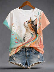 Damen-Alltags-T-Shirt mit Kunstkatzen-Print