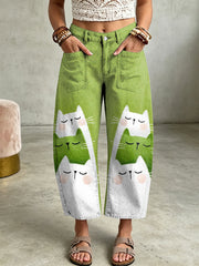 Damenhose mit Tierkatzen-Kunstdruck und Taschen