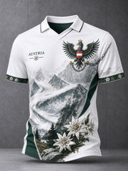 Herren-Poloshirt mit künstlerischem Aufdruck österreichischer Naturlandschaftselemente