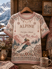Damen-Ski-Kunstdruck-Strick-T-Shirt mit kurzen Ärmeln