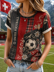 Damen-Retro-Fußball-Print-Sport-T-Shirt mit kurzen Ärmeln