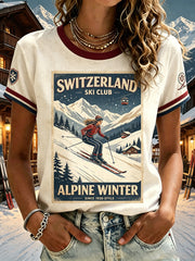 Damen-Retro-Ski-Print-T-Shirt mit kurzen Ärmeln
