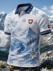Herren-Poloshirt im Retro-Ski-Style mit Waffelstruktur und kurzen Ärmeln