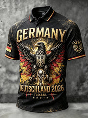 Herren-Poloshirt in Schwarz mit Retro-Fußballmotiv und deutschem Adler, lässiger Stil