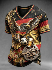 Herren-T-Shirt mit Fußball-Print und V-Ausschnitt im deutschen Adler-Stil – lässig