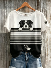 Damen-T-Shirt mit Farbblock-Print, kurzen Ärmeln und aufgedrucktem Border Collie sowie Pfotenabdrücken