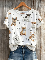 Damen-T-Shirt mit niedlichem Hunde- und Pfotenabdruck-Muster, kurzärmelig