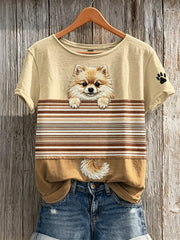 Damen-T-Shirt mit verstecktem Pom-Pom-Hund, Farbblock-Print und kurzen Ärmeln