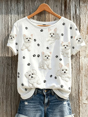 Damen-T-Shirt mit Malteser-Hunde- und Pfotenabdruck-Muster, kurzärmelig