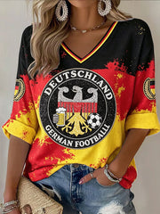 Damen-T-Shirt mit V-Ausschnitt, lässige Mode, Bier- und Deutschlandflaggen-Paillettenprint