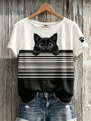 Damen-T-Shirt mit farbblockiertem Print, kurzen Ärmeln und aufgedruckten schwarzen Katzen- und Pfotenabdrücken