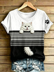 Damen-T-Shirt mit Katzen- und Streifenmuster, im Vintage-Stil, modisch, locker geschnitten, kurze Ärmel